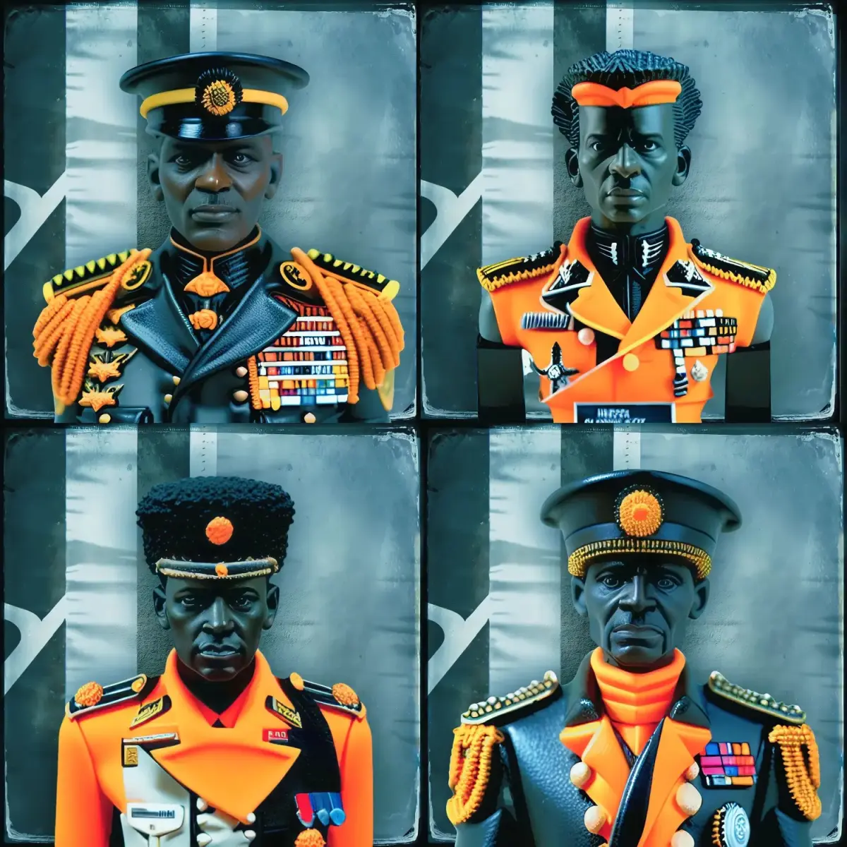 Modelle schwarzer Soldaten in orange-grauer Uniform